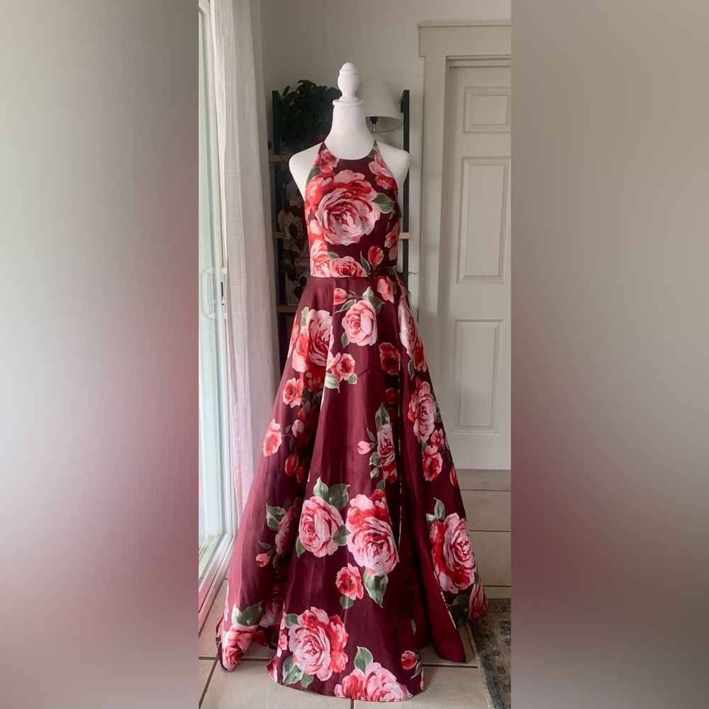 B. Kind floral gown, lace back.